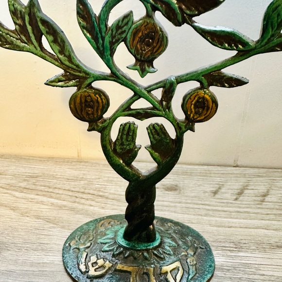 Vintage Made In Israel Triple Bronze With Verdigris Sabbath Candelabra - Picture 5 of 6